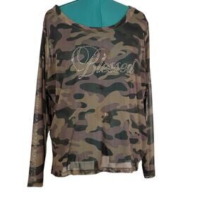 Ashley Stewart Women Blessed Mesh Long Sleeve Camo Size 22/24 Blessed Shirt NWT